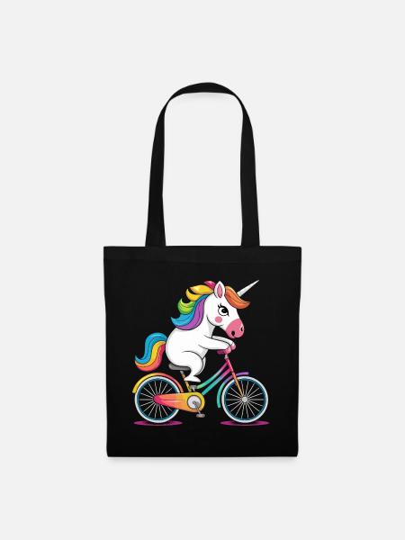 Regenbogen-Einhorn fährt Fahrrad - Stoffbeutel - Schwarz