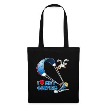 Ich liebe Kitesurfen – lustige, cartoonartige Zeichnungen - Stoffbeutel - Schwarz - Vorne