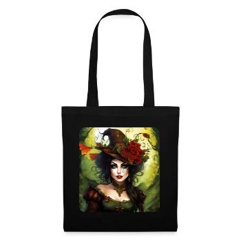 Halloween Fee mit Hut und Blumen - Stoffbeutel - Schwarz - Vorne