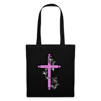 Kreuz mit Blumen Ranken Gott Kirche Jesus - Stoffbeutel - Schwarz - Vorne
