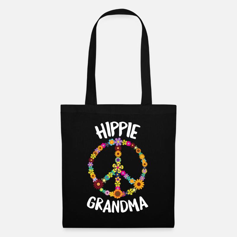 Hippe Oma Friedenszeichen mit Blumen Retro - Stoffbeutel - Schwarz