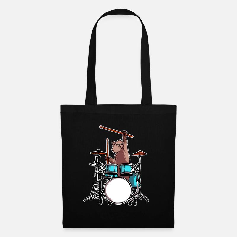 Drummer Katze spielt Schlaugzeug Musiker Geschenke - Stoffbeutel - Schwarz