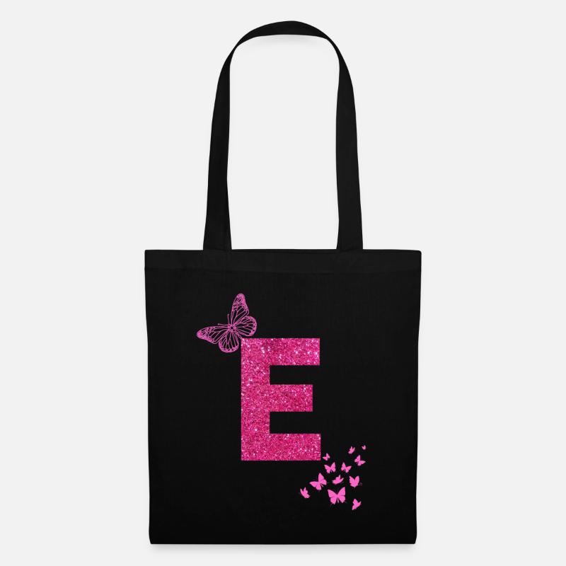 E Buchstabe pink Glitzer Schmetterlinge - Stoffbeutel - Schwarz