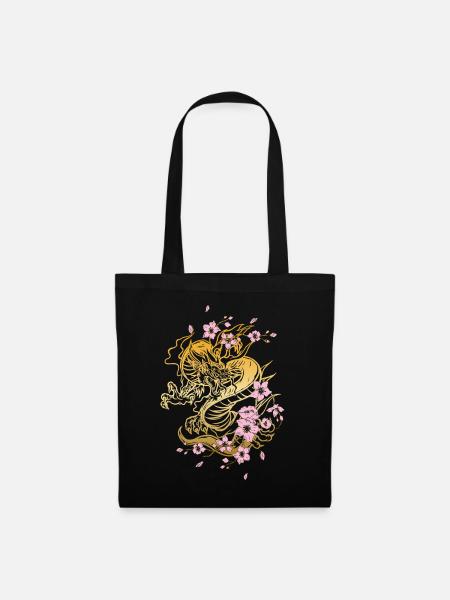 Japanischer Drache Kirschblüten Sakura Drachen - Stoffbeutel - Schwarz