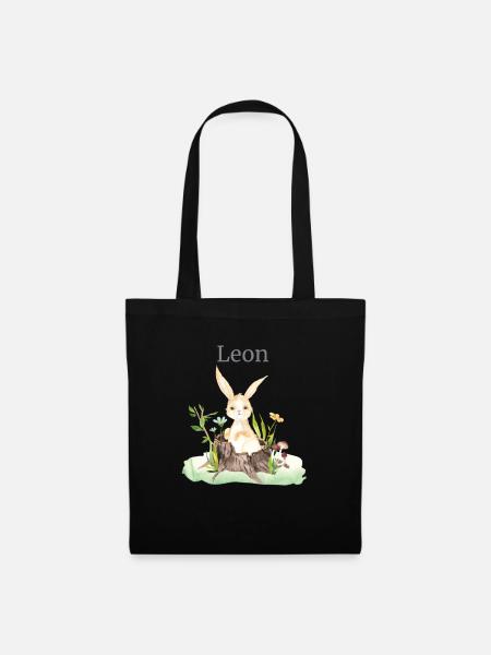 Waldtier Reh Hase Igel Blumen Name Leon - Stoffbeutel - Schwarz