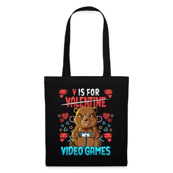 V Is For Video Games Valentinstag Gamer - Stoffbeutel - Schwarz - Vorne