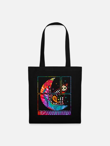 Dia De Los Muertos Hemd, Katze und Mond Zucker - Stoffbeutel - Schwarz