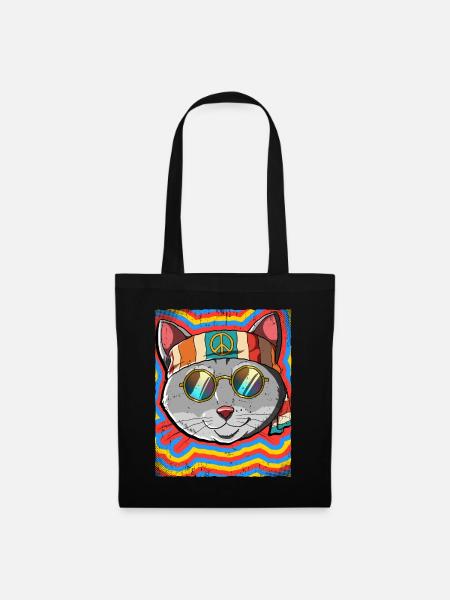Hippie Katze Psychedelisch Trippy - Stoffbeutel - Schwarz