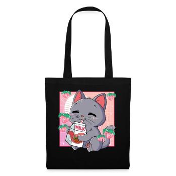 Kawaii Katze Erdbeermilch - Stoffbeutel - Schwarz - Vorne