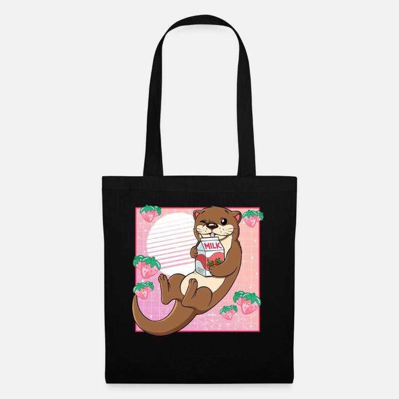 Kawaii Otter Erdbeermilch - Stoffbeutel - Schwarz