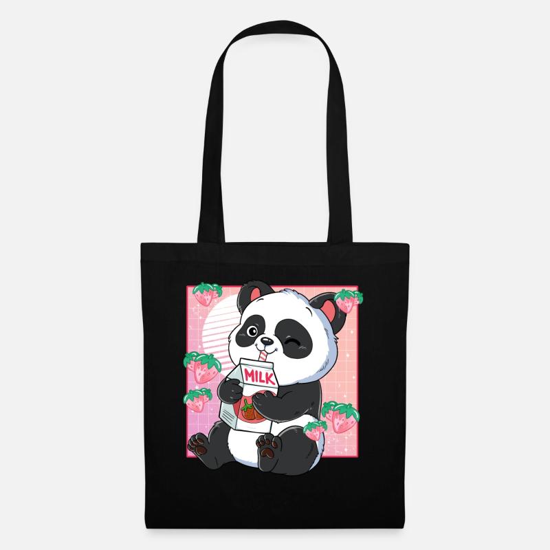 Kawaii Panda Erdbeermilch - Stoffbeutel - Schwarz