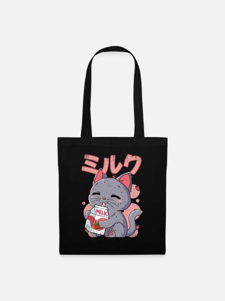 Kawaii Katze Erdbeermilch - Stoffbeutel - Schwarz
