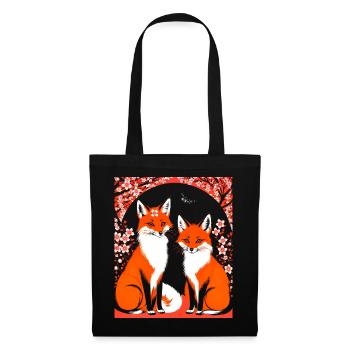 Füchse Japanische Kirschblüte Blume Kitsune Fuchs - Stoffbeutel - Schwarz - Vorne