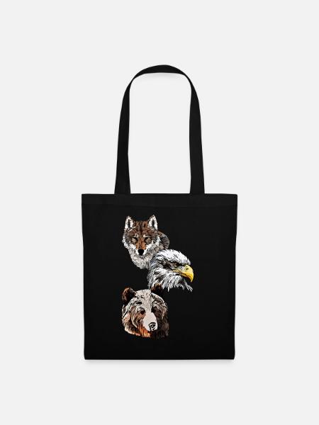 Wildtier Motiv mit Adler, Wolf und Bären Kopf - Stoffbeutel - Schwarz