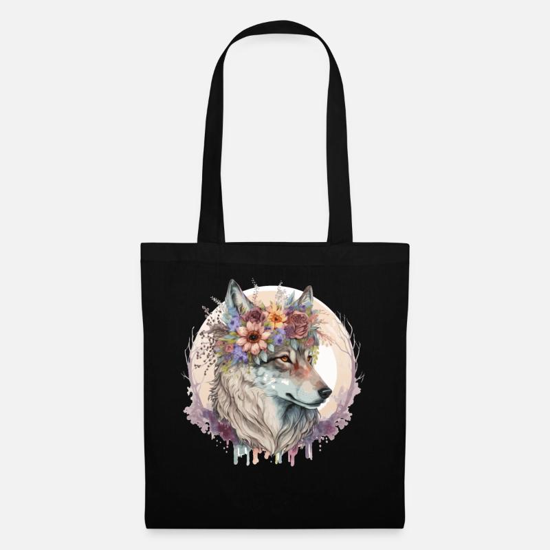Cute Wolf Flower Crown Boho Aesthetic Animal Lover - Stoffbeutel - Schwarz