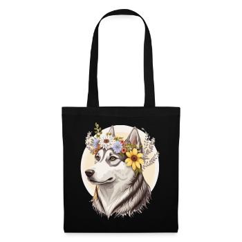 Cute Siberian Husky Flower Crown Pet Dog Breed Pup - Tote Bag - black - Front