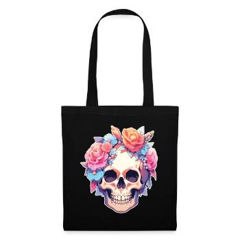 Skulls Skull Blumen Blumenschädel Totenschädel - Stoffbeutel - Schwarz - Vorne