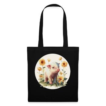 Cute Baby Pig Piglet Sunflower Farm Animal Farmer - Stoffbeutel - Schwarz - Vorne
