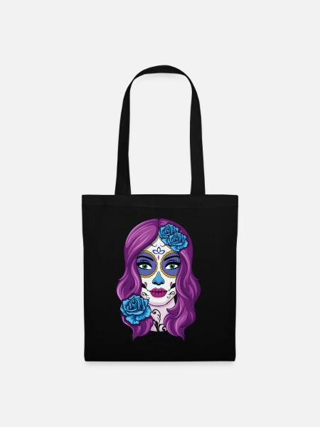 La Catrina Mexikanischer Blumenmuertos Tag der Toten - Stoffbeutel - Schwarz