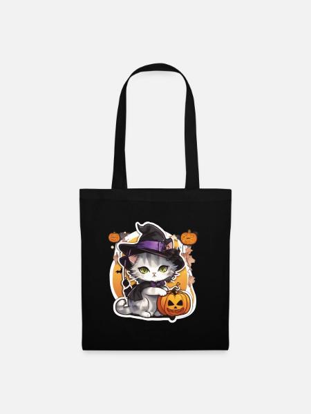 Weiße katze Katze Halloween Katze Hexe hexen Hut - Stoffbeutel - Schwarz