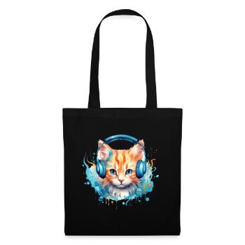 Niedliche Katze mit Kopfhörer Katzenmusik - Stoffbeutel - Schwarz - Vorne