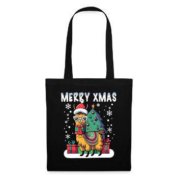 Lama dans la neige avec chapeau de Père Noël célébrant Noël - Sac en tissu - noir - Devant