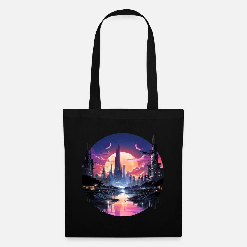 Futuristisches Cyberpunk Stadtbild, Synthwave Stil - Stoffbeutel - Schwarz