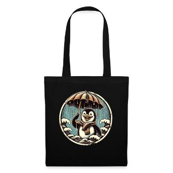 Cheerful penguin in the rain with umbrella - Tote Bag - black - Front