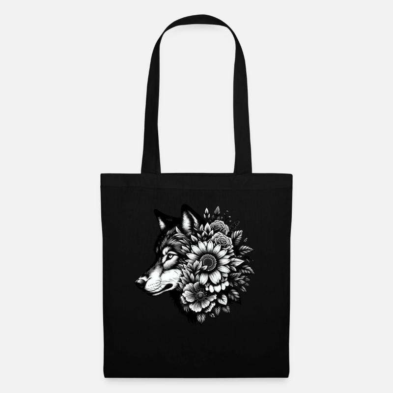Wolf Blumen Tier Grafik Wolfsliebhaber - Stoffbeutel - Schwarz