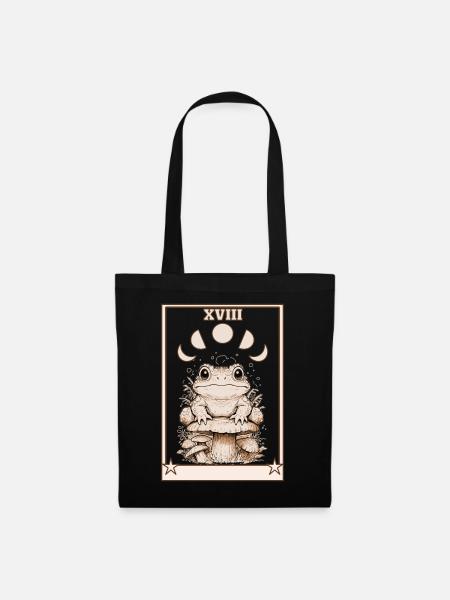 Cute Frog On Mushroom Tarot Card Moon Cottagecore - Stoffbeutel - Schwarz