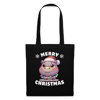 Weihnachtsmütze Weihnachten Lichterkette Hippo - Stoffbeutel - Schwarz - Vorne