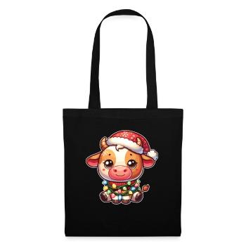 Père Noël chapeau Noël guirlandes lumineuses vache - Sac en tissu - noir - Devant