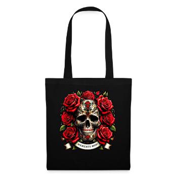 Memento Mori Verzierter Totenkopf Blumen-Tattoo Stoisch - Stoffbeutel - Schwarz - Vorne