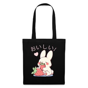 Cute Bunny Eating Strawberries Kanji Kawaii Rabbit - Stoffbeutel - Schwarz - Vorne