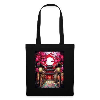 Stained Glass Japanese Landscape Cherry Blossom - Stoffbeutel - Schwarz - Vorne
