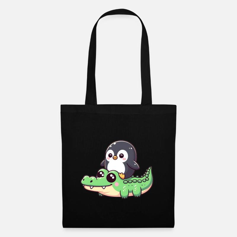 Pinguin auf Krokodil-Safari - Stoffbeutel - Schwarz