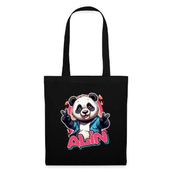 ALIN - Schöner Mädchen Name mit coolem Panda - Stoffbeutel - Schwarz - Vorne