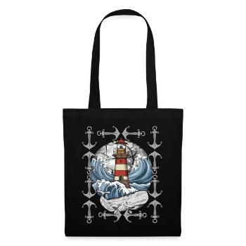 phare, signal, maritime, baleine, vagues, mer, poisson - Sac en tissu - noir - Devant