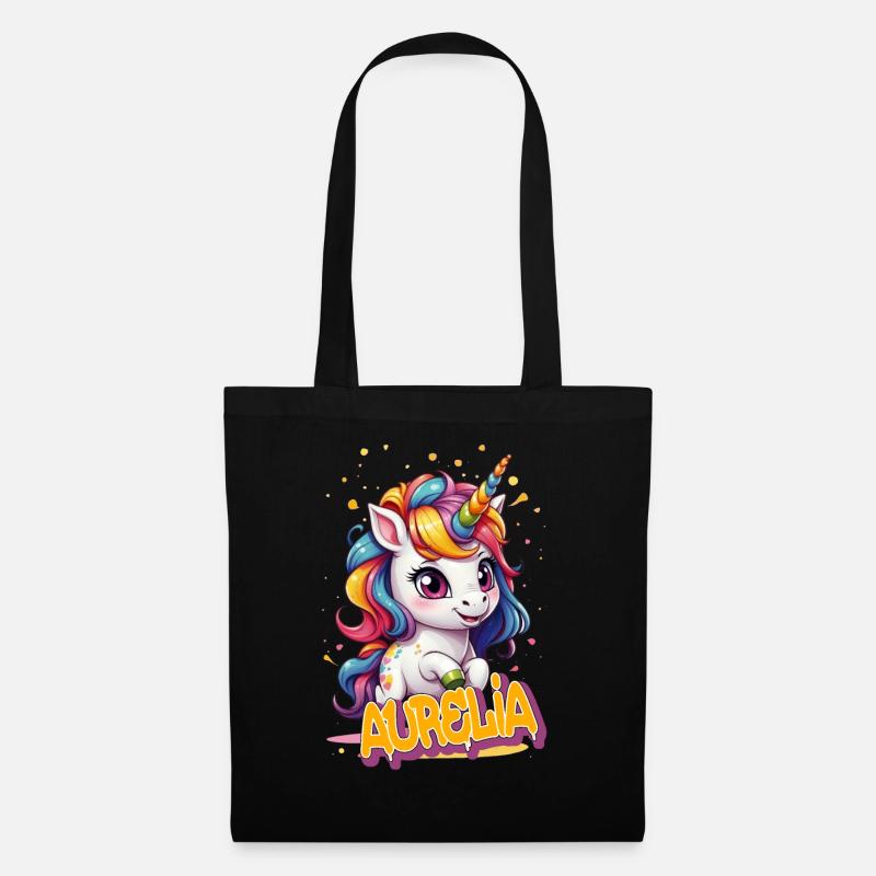 AURELIA - Schöner Mädchen Name mit süßem Einhorn - Stoffbeutel - Schwarz