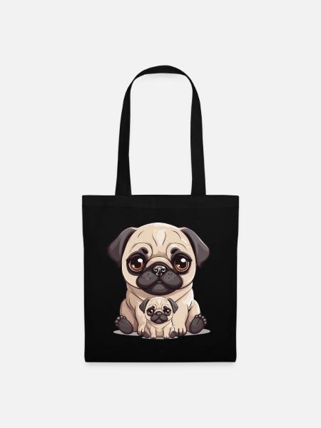 Mops Hund Hunde Mama Kind Baby Hunde - Stoffbeutel - Schwarz