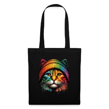 Katze Beanie Regenbogen Katzenmama Cool Lustig - Stoffbeutel - Schwarz - Vorne