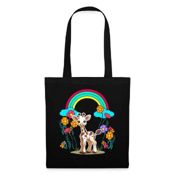 Giraffe Giraffen Kind Kinder Regenbogen Blumen - Stoffbeutel - Schwarz - Vorne