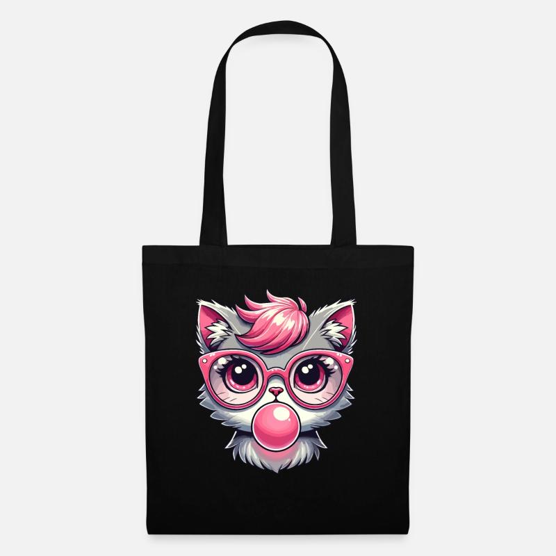 Katze mit Brille, Kätzchen, Kaugummi, Kawaii - Stoffbeutel - Schwarz