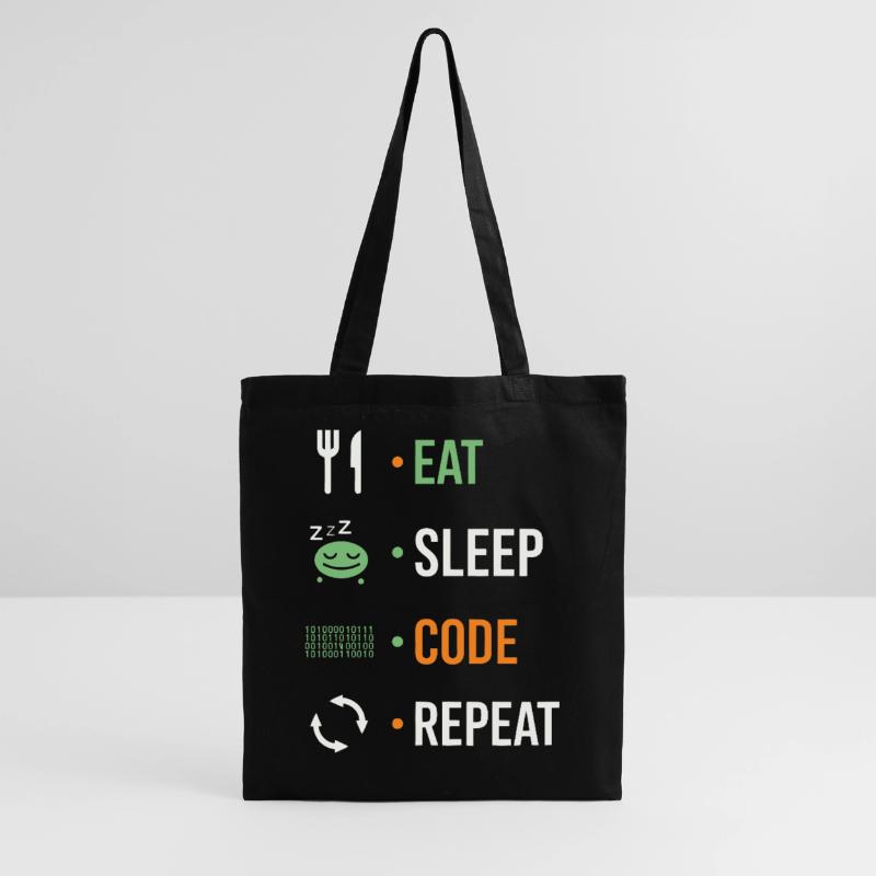 Manger, dormir, coder, répéter. Sac en tissu
