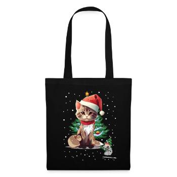 Katze Maus Weihnachten Santa Nikolaus Christmas - Stoffbeutel - Schwarz - Vorne