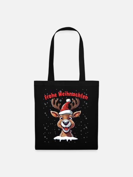 Frohe Weihnachten Rentier Mit Weihnachtsmütze - Stoffbeutel - Schwarz