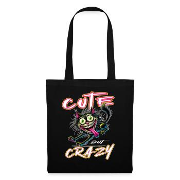 Cute but Crazy Katze Comic Stil lustiges Motiv - Stoffbeutel - Schwarz - Vorne