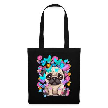 Hund Hunde Mops Frühling Blumen Schmetterlinge - Stoffbeutel - Schwarz - Vorne
