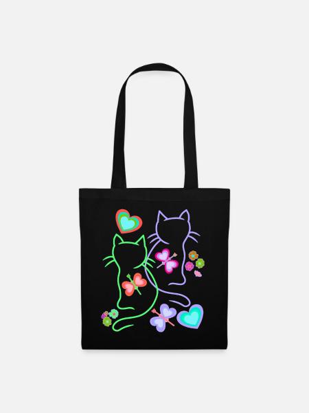 Frühling Sommer Retro Katzen Katze Kinder 80er - Stoffbeutel - Schwarz