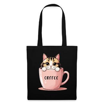 Süße Kaffeekatze – Perfekte Morgenmotivation - Stoffbeutel - Schwarz - Vorne